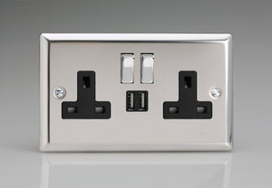 Varilight XC5U2SDB - 2-Gang 13A Single Pole Switched Socket with Metal Rockers + 2x5V DC 2100mA USB Charging Ports 