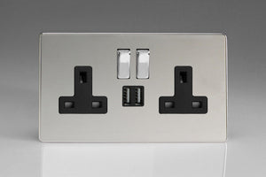 Varilight XDC5U2SBS - 2-Gang 13A Single Pole Switched Socket with Metal Rockers + 2x5V DC 2100mA USB Charging Ports 