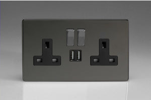 Varilight XDI5U2SBS - 2-Gang 13A Single Pole Switched Socket with Metal Rockers + 2x5V DC 2100mA USB Charging Ports 