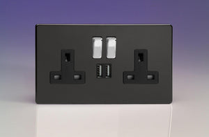 Varilight XDL5U2SBS - 2-Gang 13A Single Pole Switched Socket with Metal Rockers + 2x5V DC 2100mA USB Charging Ports 