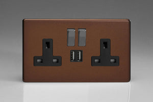 Varilight XDM5U2SBS - 2-Gang 13A Single Pole Switched Socket with Metal Rockers + 2x5V DC 2100mA USB Charging Ports 