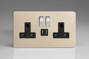 Varilight XDN5U2SBS - 2-Gang 13A Single Pole Switched Socket with Metal Rockers + 2x5V DC 2100mA USB Charging Ports 