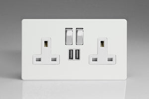 Varilight XDQ5U2SWS - 2-Gang 13A Single Pole Switched Socket with Metal Rockers + 2x5V DC 2100mA USB Charging Ports 