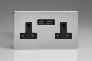 Varilight XDS5U2BS - 2-Gang 13A Unswitched Socket + 2x5V DC 2100mA USB Charging Ports
