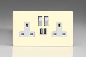 Varilight XDW5U2SWS - 2-Gang 13A Single Pole Switched Socket with Metal Rockers + 2x5V DC 2100mA USB Charging Ports 