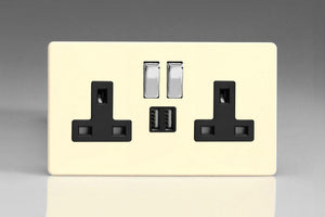 Varilight XDY5U2SBS.PD - 2-Gang 13A Single Pole Switched Socket with Metal Rockers + 2 5V DC 2100mA USB Charging Ports 