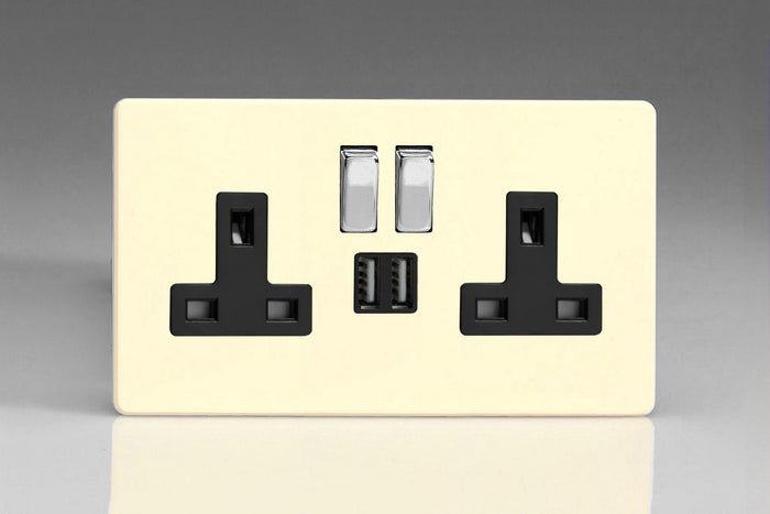 Varilight XDY5U2SBS.PD - 2-Gang 13A Single Pole Switched Socket with Metal Rockers + 2 5V DC 2100mA USB Charging Ports