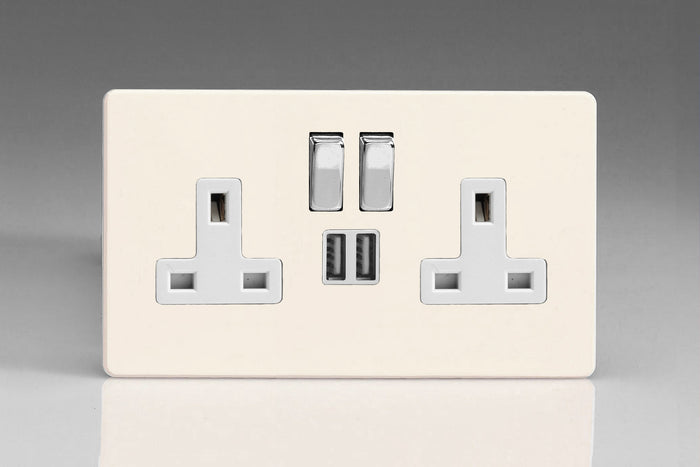 Varilight XDY5U2SWS.PD - 2-Gang 13A Single Pole Switched Socket with Metal Rockers + 2 5V DC 2100mA USB Charging Ports