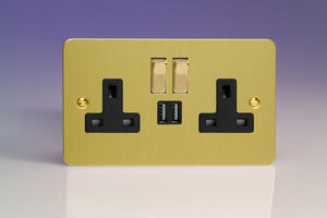 Varilight XFB5U2SDB - 2-Gang 13A Single Pole Switched Socket with Metal Rockers + 2x5V DC 2100mA USB Charging Ports 