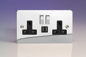 Varilight XFC5U2SDB - 2-Gang 13A Single Pole Switched Socket with Metal Rockers + 2x5V DC 2100mA USB Charging Ports 