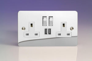 Varilight XFC5U2SDW - 2-Gang 13A Single Pole Switched Socket with Metal Rockers + 2x5V DC 2100mA USB Charging Ports 