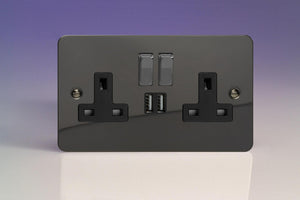 Varilight XFI5U2SDB - 2-Gang 13A Single Pole Switched Socket with Metal Rockers + 2x5V DC 2100mA USB Charging Ports 