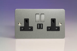 Varilight XFS5U2SDB - 2-Gang 13A Single Pole Switched Socket with Metal Rockers + 2x5V DC 2100mA USB Charging Ports 