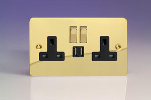 Varilight XFV5U2SDB - 2-Gang 13A Single Pole Switched Socket with Metal Rockers + 2x5V DC 2100mA USB Charging Ports 