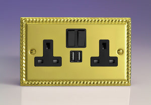 Varilight XG5U2SB - 2-Gang 13A Single Pole Switched Socket + 2x5V DC 2100mA USB Charging Ports 