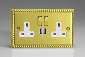 Varilight XG5U2SDW - 2-Gang 13A Single Pole Switched Socket with Metal Rockers + 2x5V DC 2100mA USB Charging Ports 