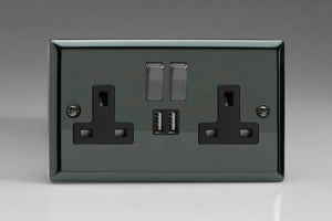 Varilight XI5U2SDB - 2-Gang 13A Single Pole Switched Socket with Metal Rockers + 2x5V DC 2100mA USB Charging Ports 