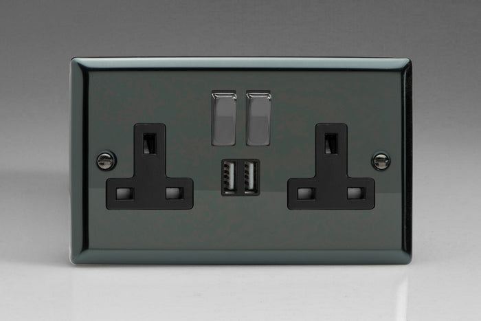 Varilight XI5U2SDB - 2-Gang 13A Single Pole Switched Socket with Metal Rockers + 2x5V DC 2100mA USB Charging Ports
