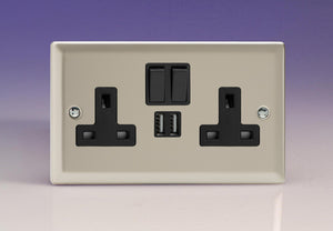 Varilight XN5U2SB - 2-Gang 13A Single Pole Switched Socket + 2x5V DC 2100mA USB Charging Ports 