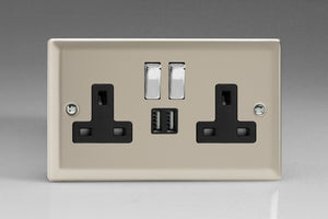 Varilight XN5U2SDB - 2-Gang 13A Single Pole Switched Socket with Metal Rockers + 2x5V DC 2100mA USB Charging Ports 