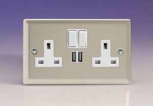 Varilight XN5U2SW - 2-Gang 13A Single Pole Switched Socket + 2x5V DC 2100mA USB Charging Ports 