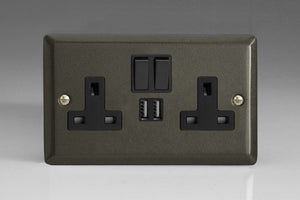 Varilight XP5U2SB - 2-Gang 13A Single Pole Switched Socket + 2x5V DC 2100mA USB Charging Ports 