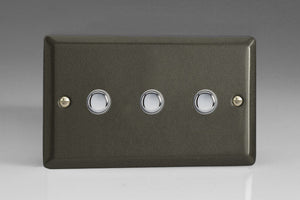 Varilight XPP3 - 3-Gang 6A 1- or 2-Way Push-On/Off Impulse Switch (Twin Plate)