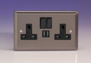 Varilight XR5U2SB - 2-Gang 13A Single Pole Switched Socket + 2x5V DC 2100mA USB Charging Ports 