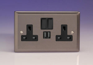 Varilight XR5U2SB - 2-Gang 13A Single Pole Switched Socket + 2x5V DC 2100mA USB Charging Ports 