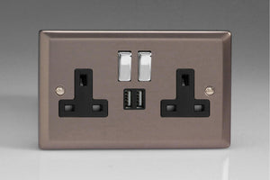 Varilight XR5U2SDB - 2-Gang 13A Single Pole Switched Socket with Metal Rockers + 2x5V DC 2100mA USB Charging Ports 