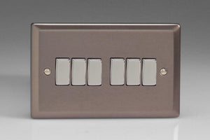 Varilight XR96D - 6-Gang 10A 1- or 2-Way Rocker Switch (Twin Plate) with Metal Rockers