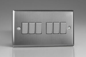 Varilight XT96D - 6-Gang 10A 1- or 2-Way Rocker Switch (Twin Plate) with Metal Rockers