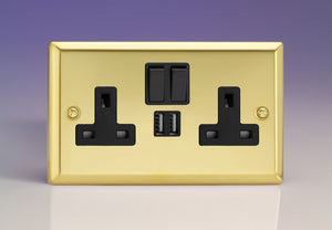 Varilight XV5U2SB - 2-Gang 13A Single Pole Switched Socket + 2x5V DC 2100mA USB Charging Ports 