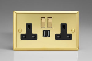 Varilight XV5U2SDB - 2-Gang 13A Single Pole Switched Socket with Metal Rockers + 2x5V DC 2100mA USB Charging Ports 