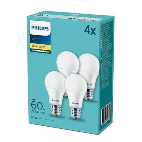 Philips 240v 9-60W LED GLS E27 2700k 806lm Frosted/ Opal Non Dimmable 4 pack - 82997400