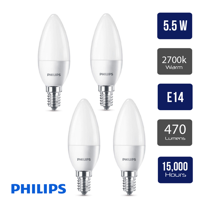 Philips LED Candle 5.5w E14/SES 240v Philips Warm White Frosted/ Opal - 4 pack