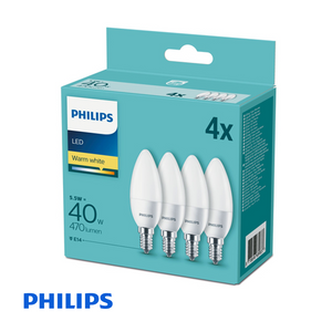 Philips LED Candle 5.5w E14/SES 240v Philips Warm White Frosted/ Opal - 4 pack LED Bulbs Philips - The Lamp Company