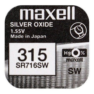SR716SW Maxell 1.55v Silver Oxide Watch Battery (315, D315, HA, V530, 614, SB-AT, 280-56, SR67) Maxell Watch Batteries - SR Silver Oxide Batteries The Lamp Company - The Lamp Company